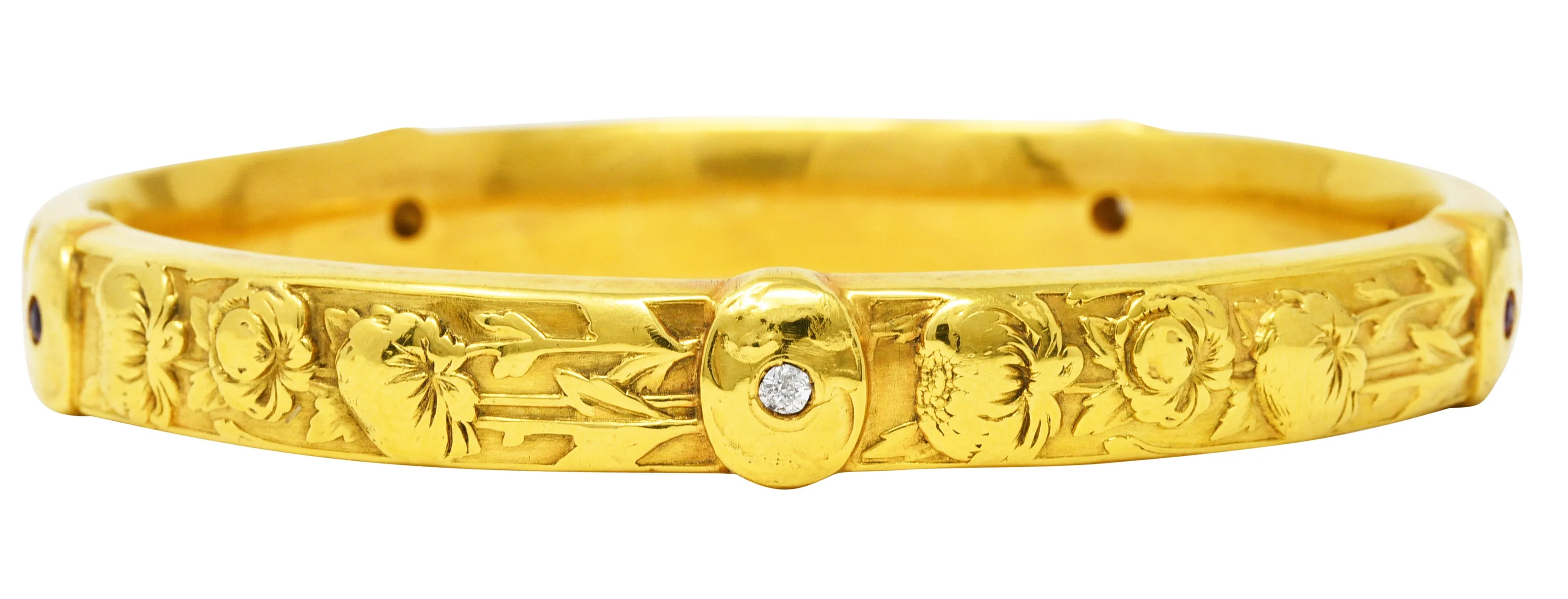 Art Nouveau Diamond Ruby 18 Karat Yellow Gold Floral Peony Antique Bangle Bracelet