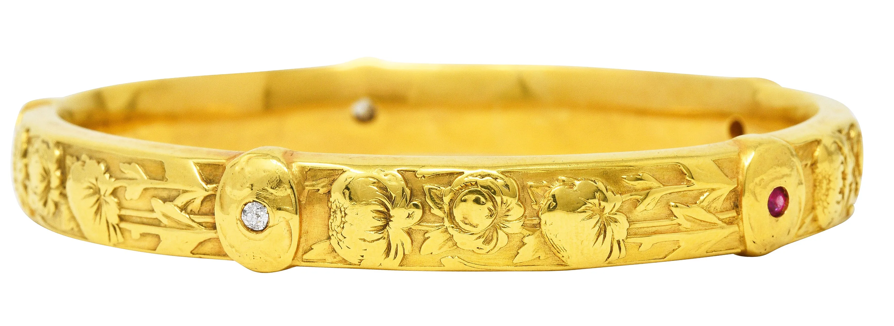 Art Nouveau Diamond Ruby 18 Karat Yellow Gold Floral Peony Antique Bangle Bracelet