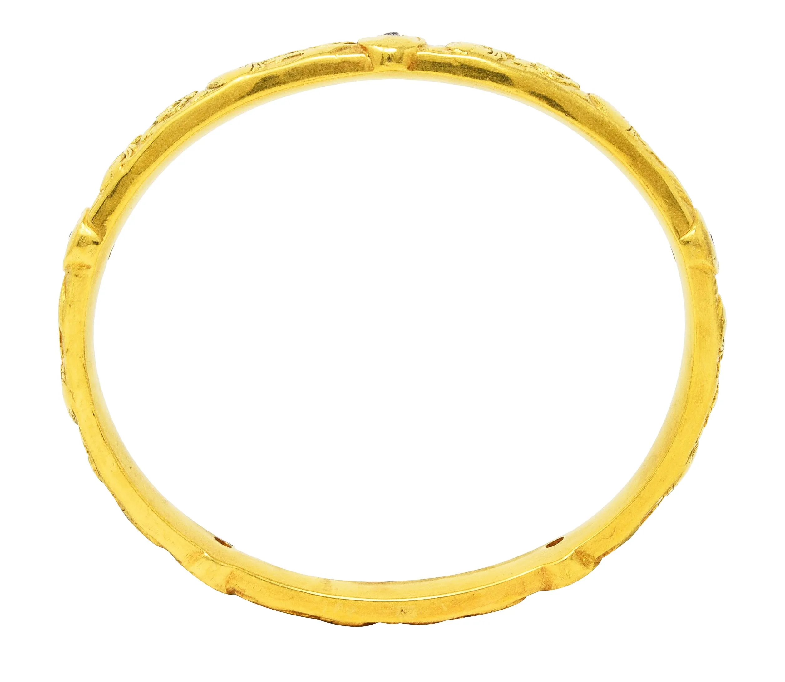Art Nouveau Diamond Ruby 18 Karat Yellow Gold Floral Peony Antique Bangle Bracelet