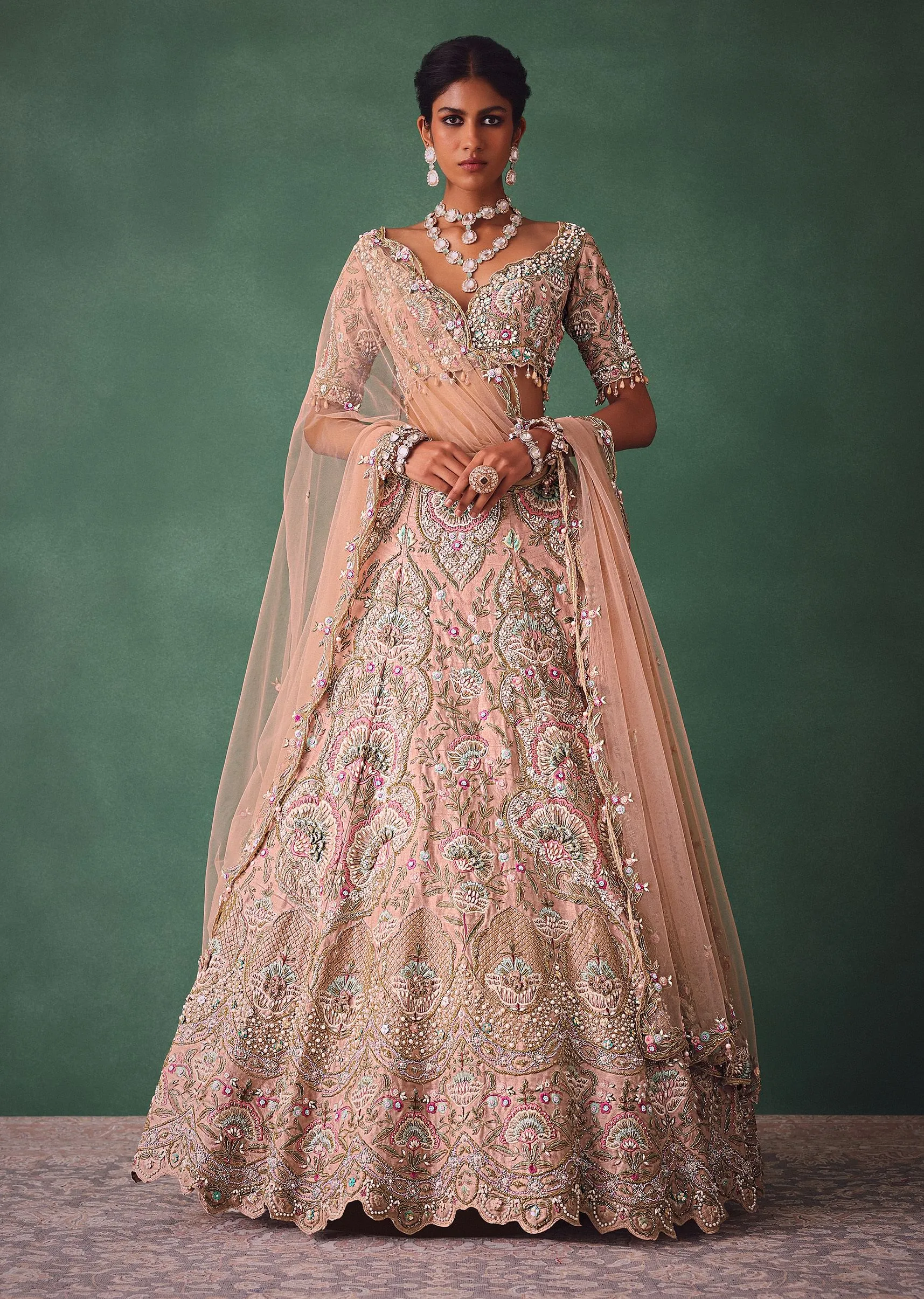 Baby Pink Jaal Work Lehenga With Sweetheart Neck Blouse And Embroidered Dupatta