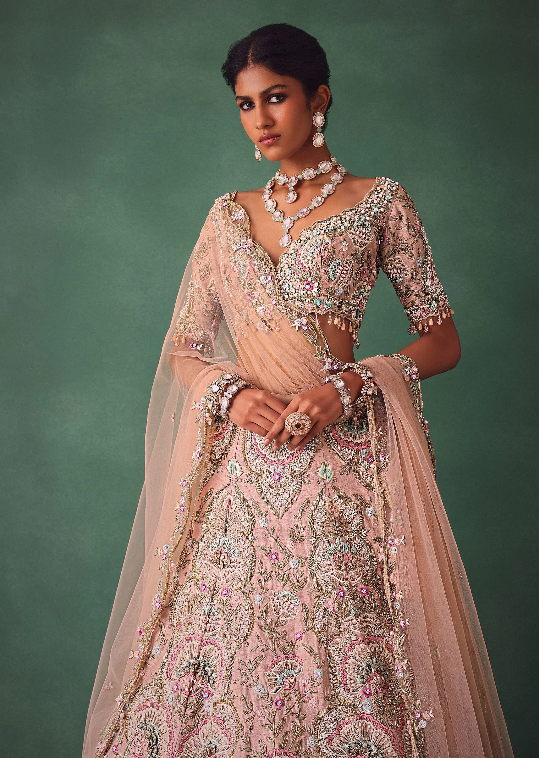 Baby Pink Jaal Work Lehenga With Sweetheart Neck Blouse And Embroidered Dupatta