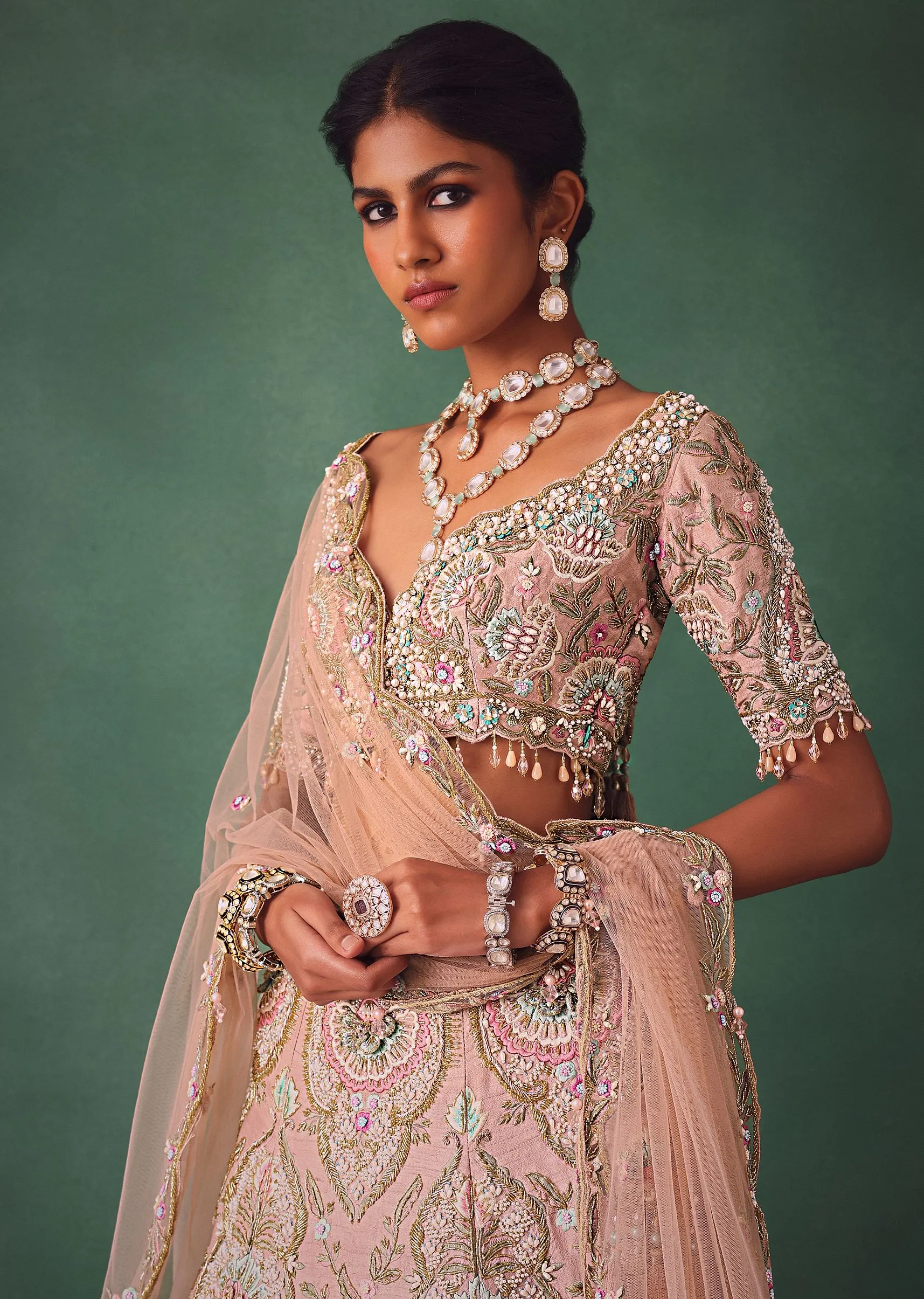 Baby Pink Jaal Work Lehenga With Sweetheart Neck Blouse And Embroidered Dupatta