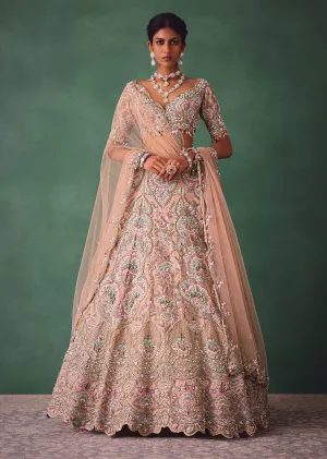 Baby Pink Jaal Work Lehenga With Sweetheart Neck Blouse And Embroidered Dupatta
