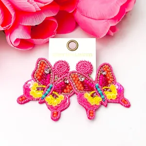 Beaded Summertime Butterfly Earrings in Pink, Orange, and Yellow