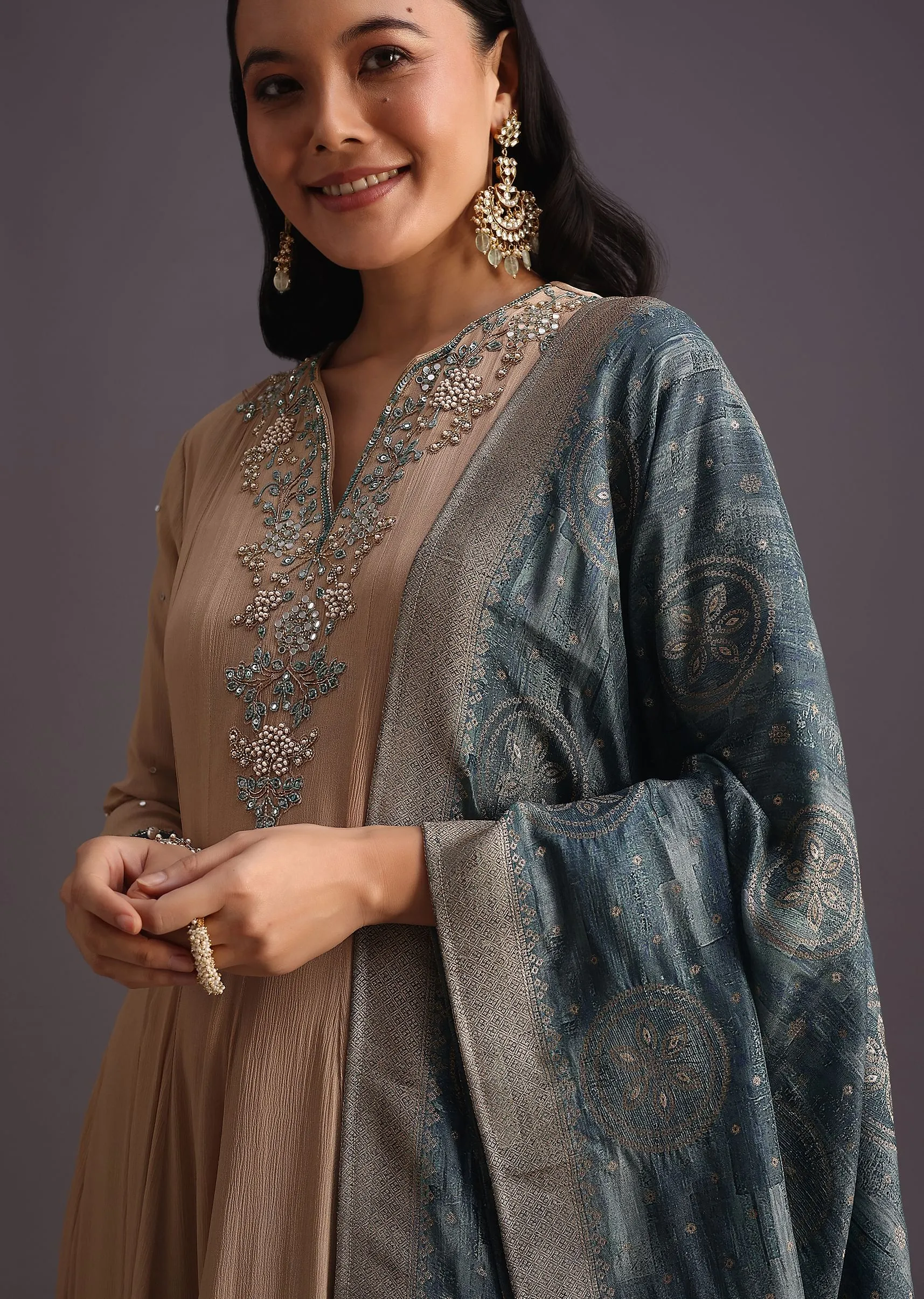 Beige Embroidered Anarkali With Banarasi Weave Dupatta