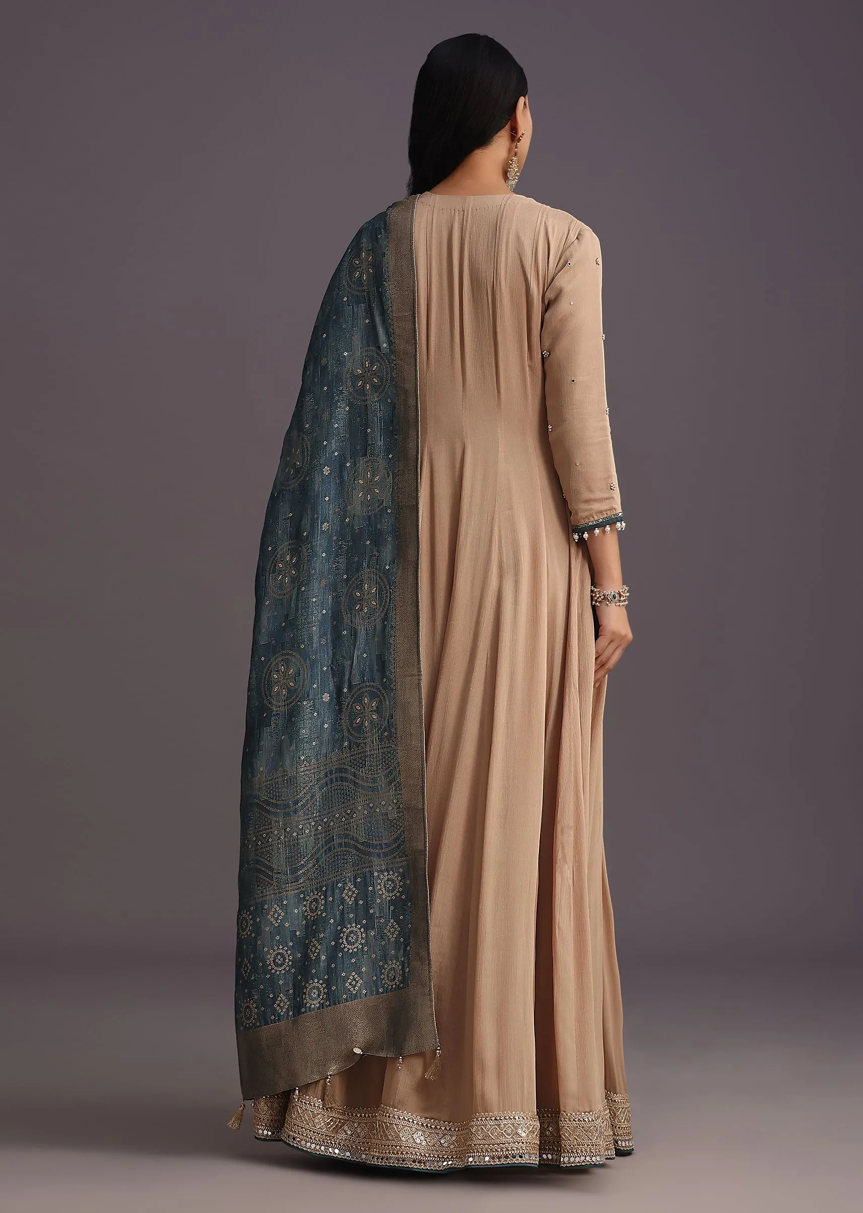 Beige Embroidered Anarkali With Banarasi Weave Dupatta