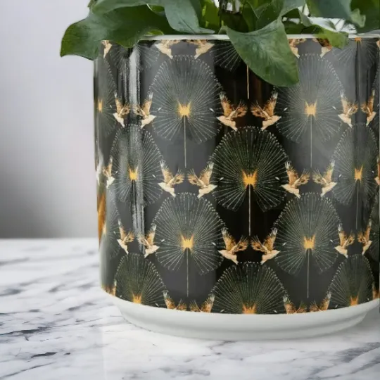 Black & Gold Ginkgo Print Plant Pot