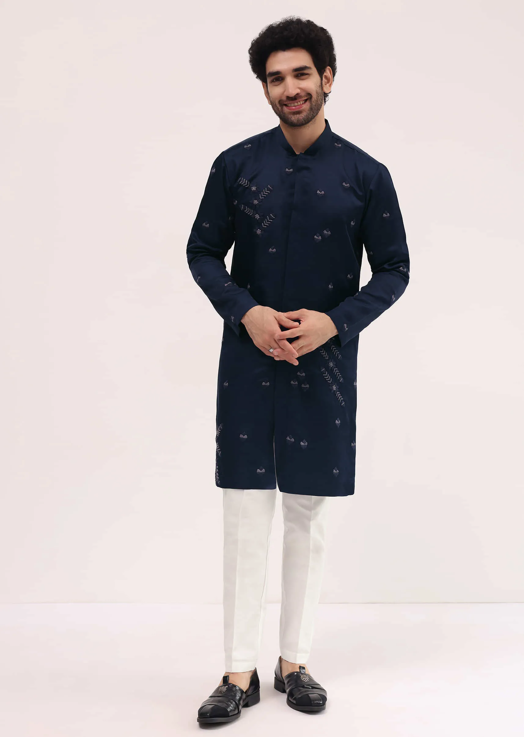 Blue Bud Embroidered Silk Kurta Set For Men