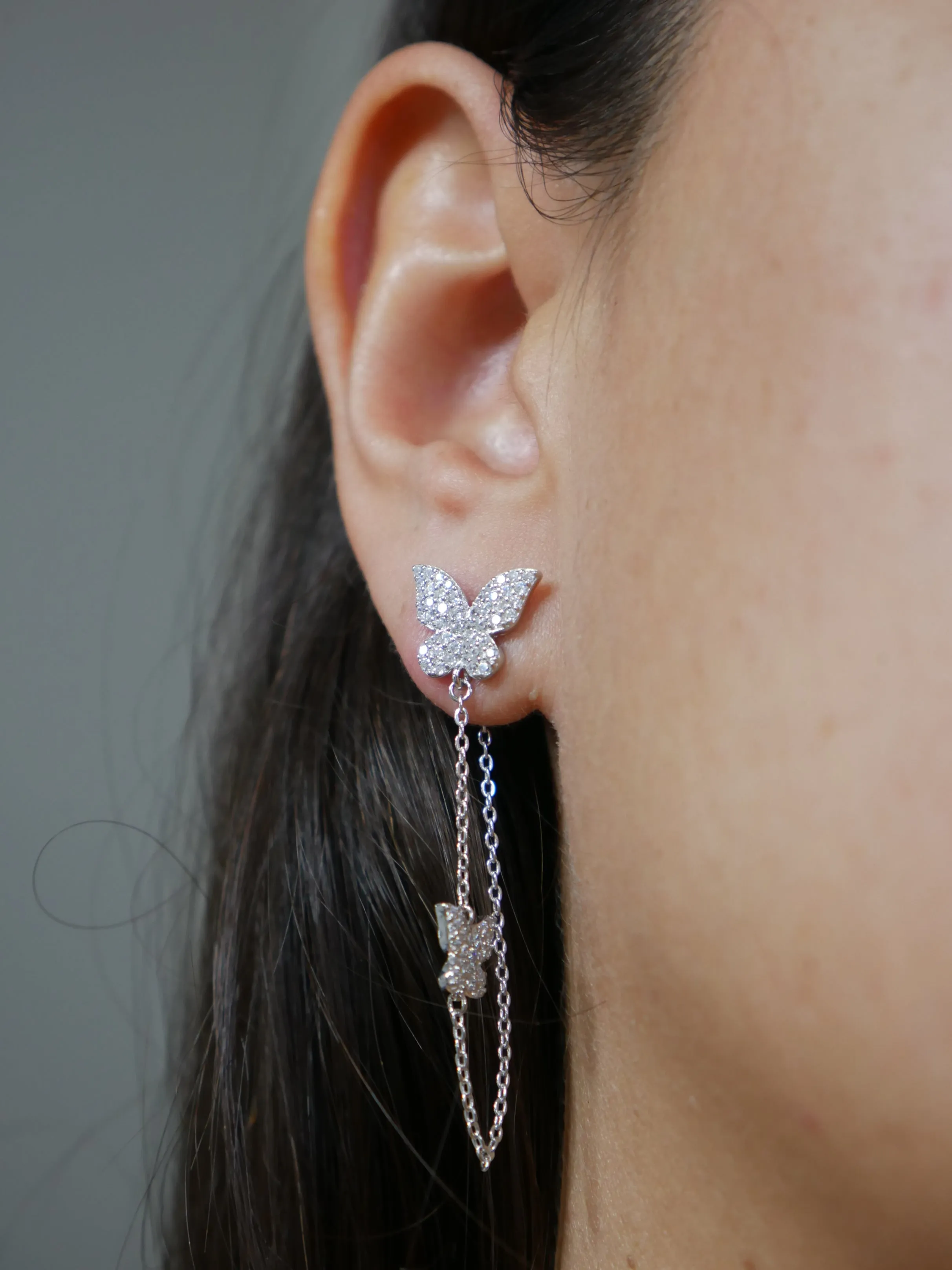 Butterfly Earrings, 925 Sterling Silver Pave Diamond CZ Two Butterfly Wrap Chain Everyday Waterproof Earrings