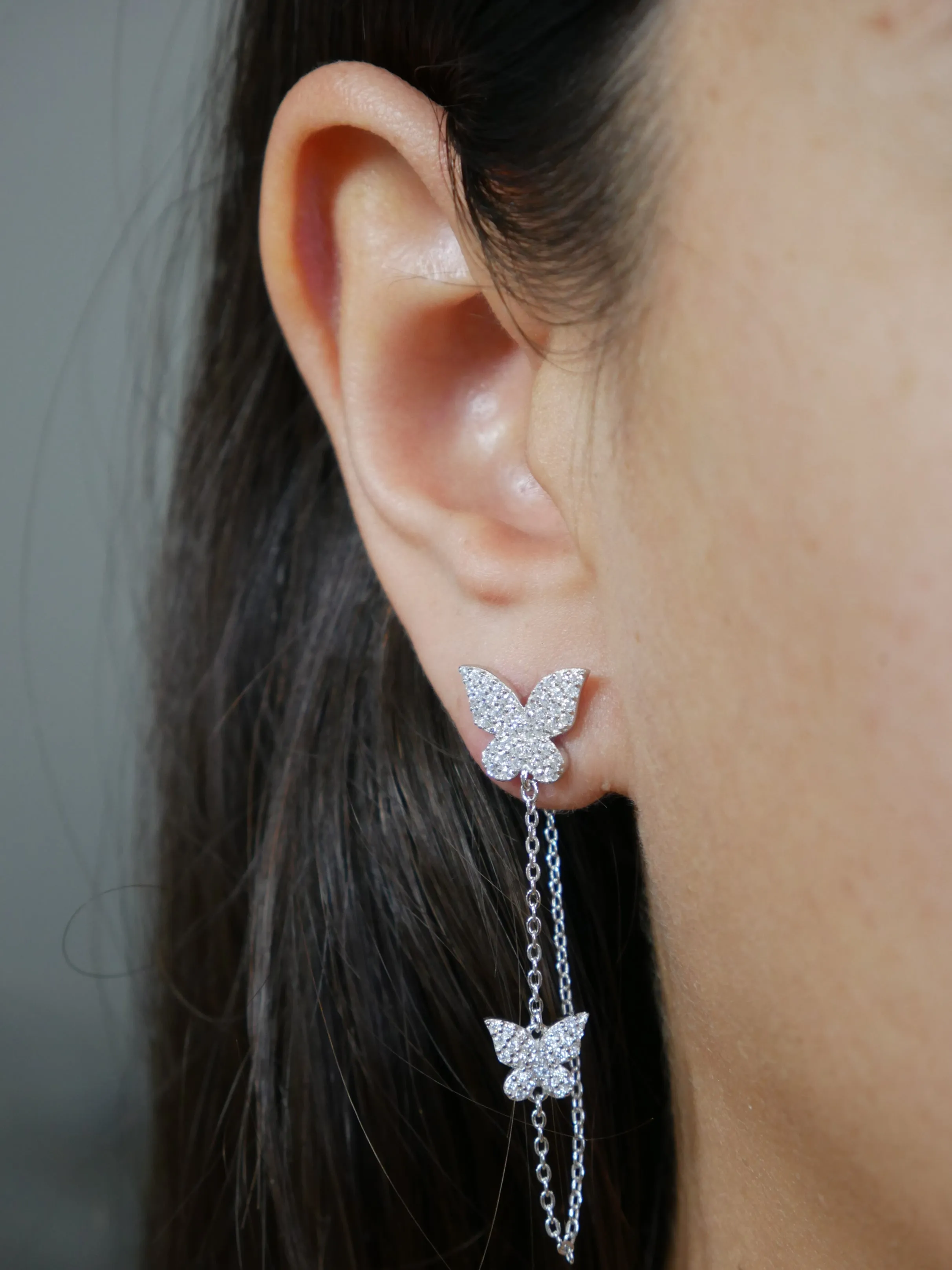 Butterfly Earrings, 925 Sterling Silver Pave Diamond CZ Two Butterfly Wrap Chain Everyday Waterproof Earrings