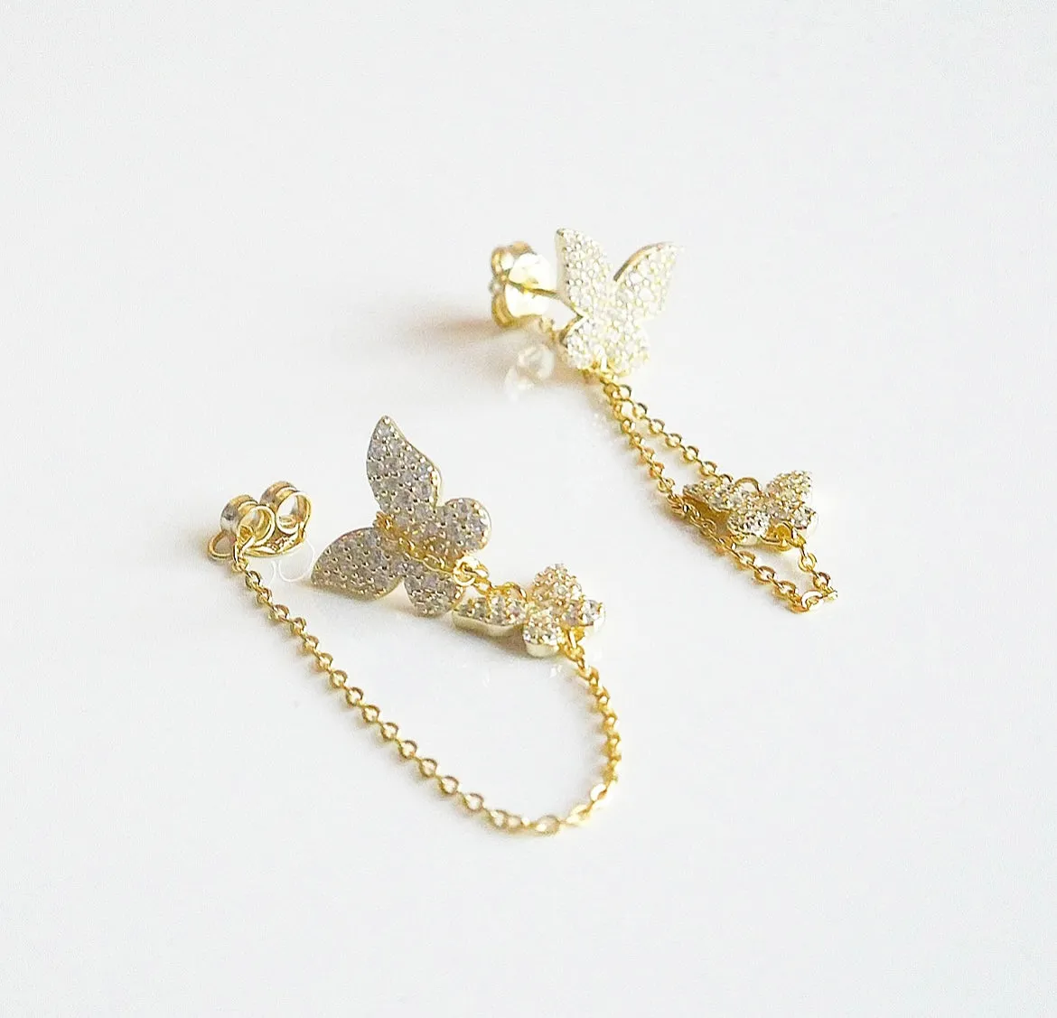 Butterfly Earrings, 925 Sterling Silver Pave Diamond CZ Two Butterfly Wrap Chain Everyday Waterproof Earrings