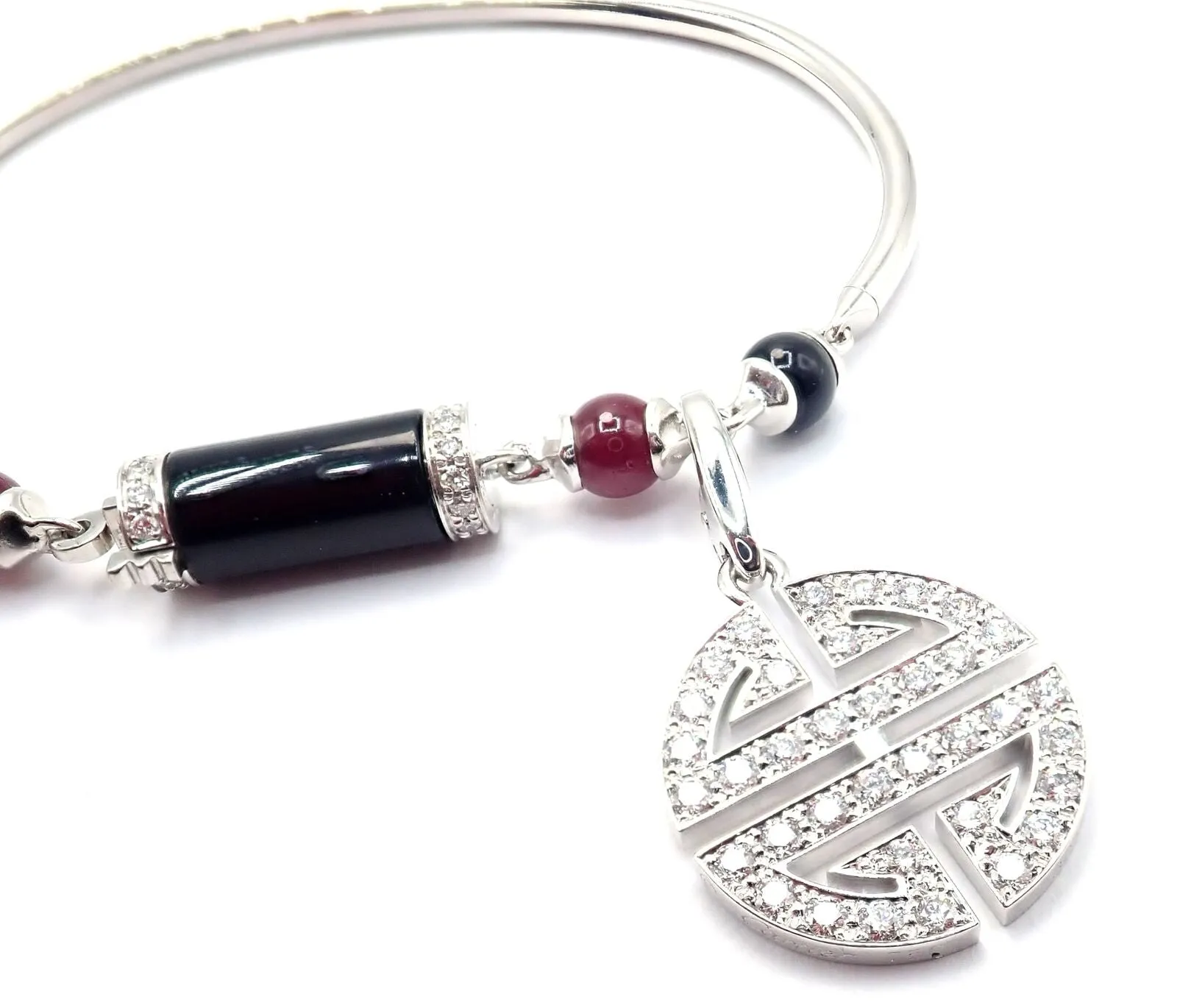 Cartier Le Baiser Du Dragon 18k Gold Diamond Ruby Onyx 2 Charms Bangle Bracelet