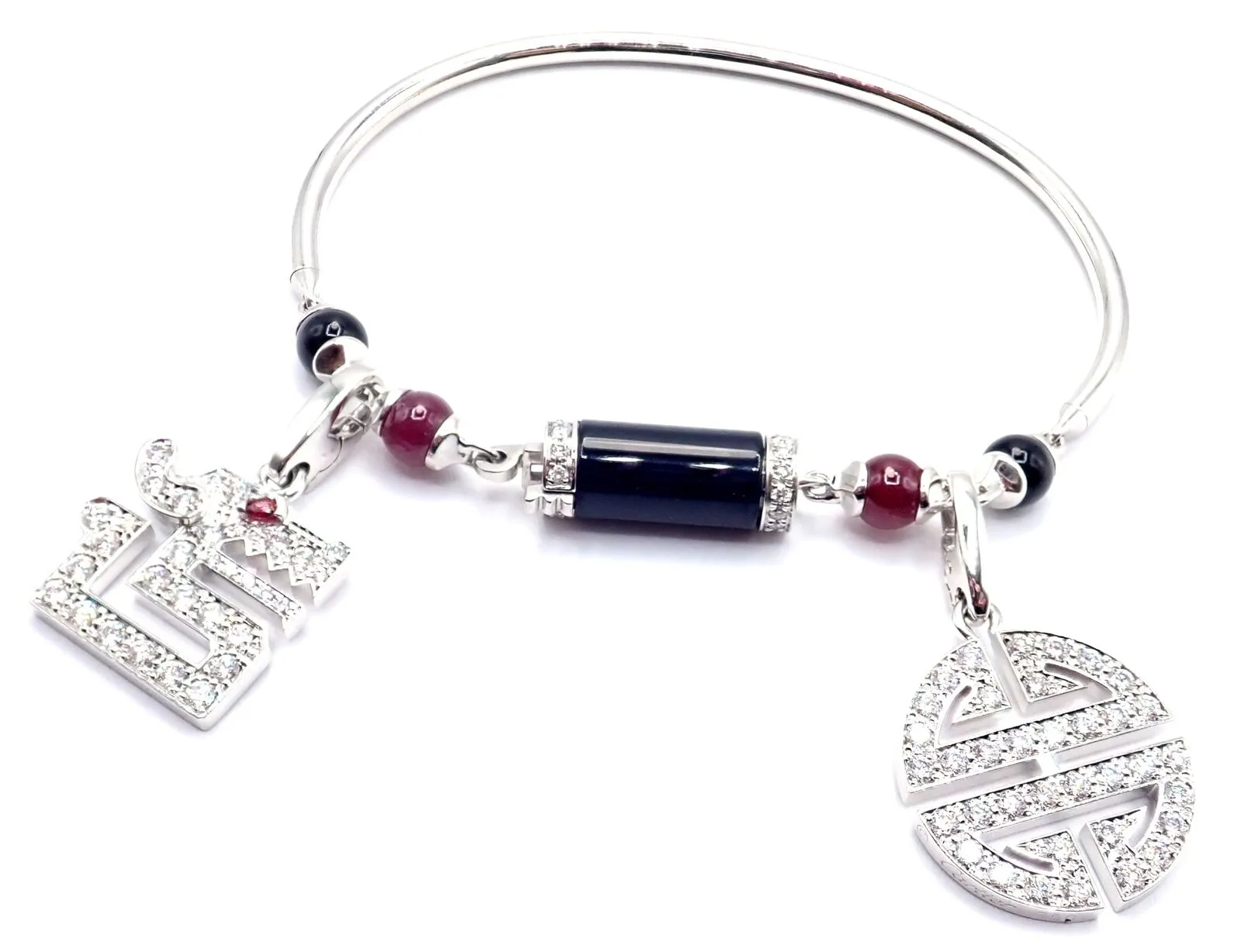 Cartier Le Baiser Du Dragon 18k Gold Diamond Ruby Onyx 2 Charms Bangle Bracelet