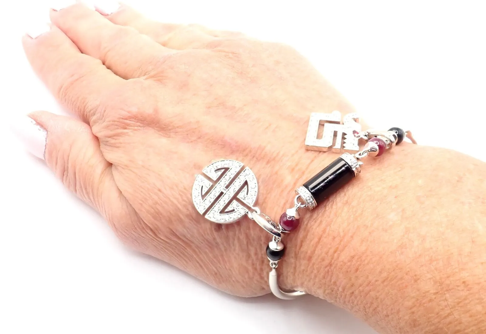 Cartier Le Baiser Du Dragon 18k Gold Diamond Ruby Onyx 2 Charms Bangle Bracelet