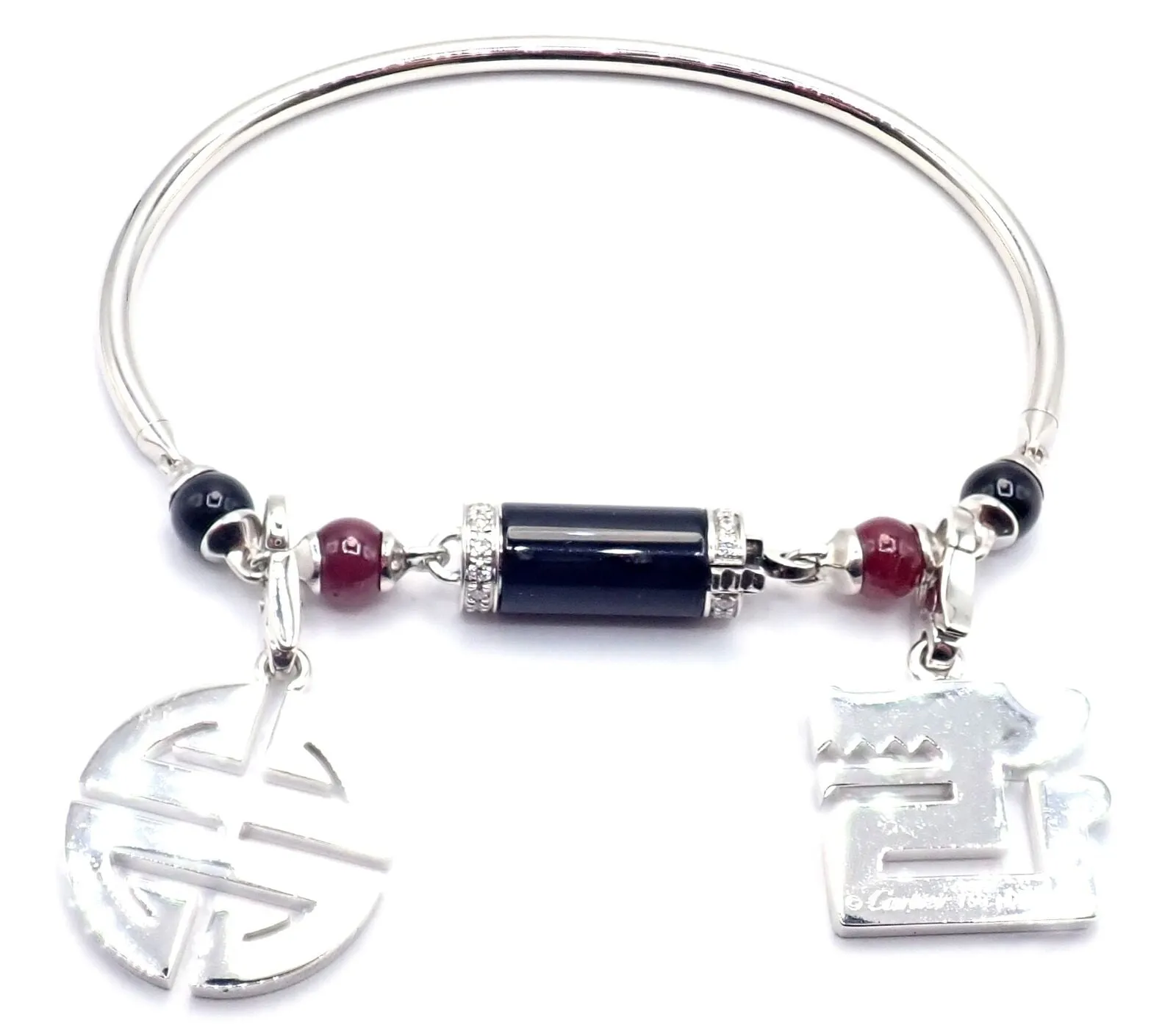 Cartier Le Baiser Du Dragon 18k Gold Diamond Ruby Onyx 2 Charms Bangle Bracelet