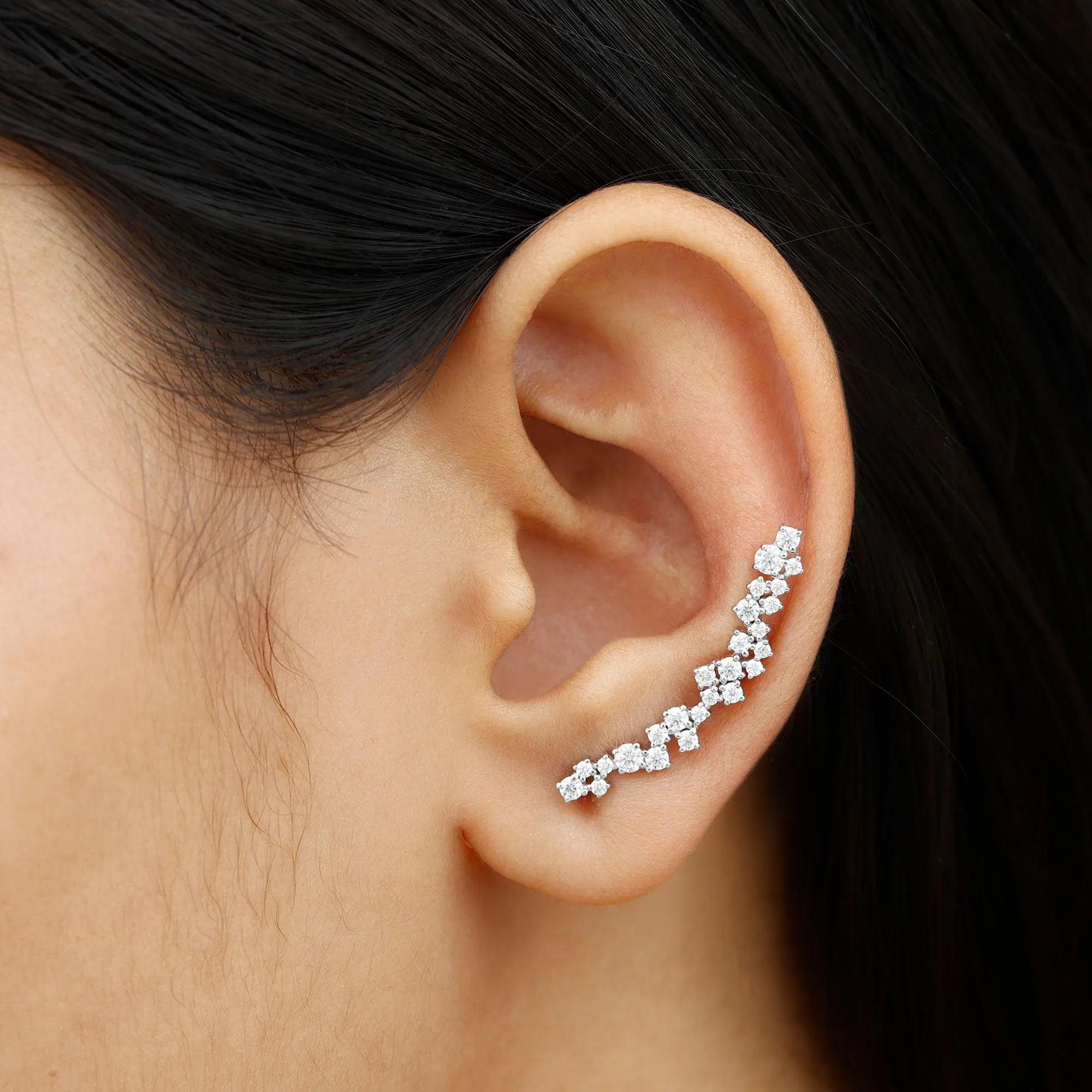 Certified Round Moissanite Cluster Climber Earring