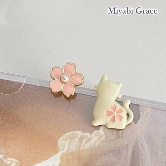 Cheery Blossom and White Cat Invisible Clip On Stud Earrings