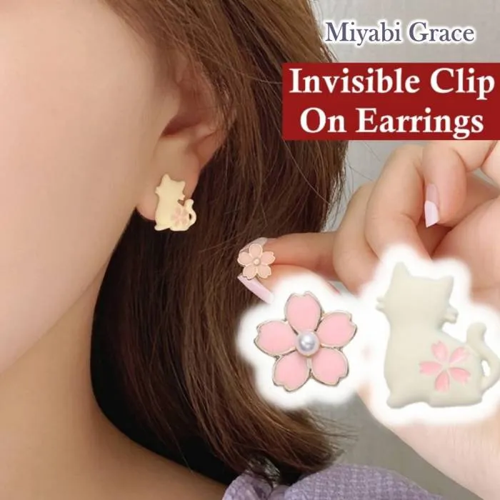 Cheery Blossom and White Cat Invisible Clip On Stud Earrings