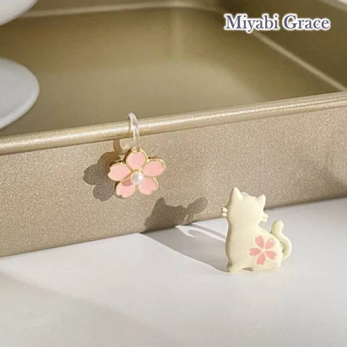 Cheery Blossom and White Cat Invisible Clip On Stud Earrings