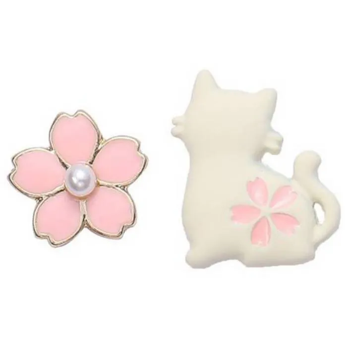 Cheery Blossom and White Cat Invisible Clip On Stud Earrings