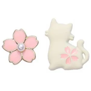 Cheery Blossom and White Cat Invisible Clip On Stud Earrings