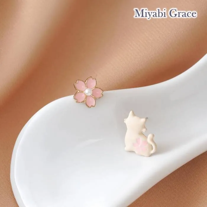 Cheery Blossom and White Cat Invisible Clip On Stud Earrings