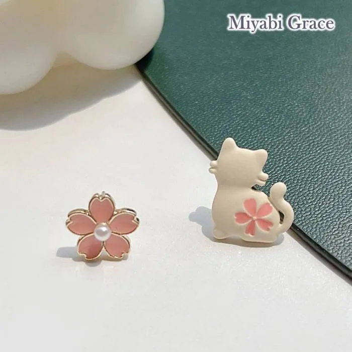 Cheery Blossom and White Cat Invisible Clip On Stud Earrings