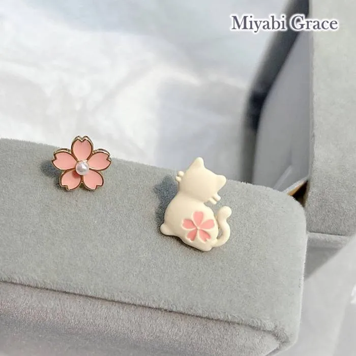Cheery Blossom and White Cat Invisible Clip On Stud Earrings