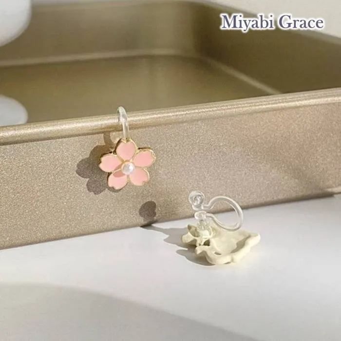 Cheery Blossom and White Cat Invisible Clip On Stud Earrings