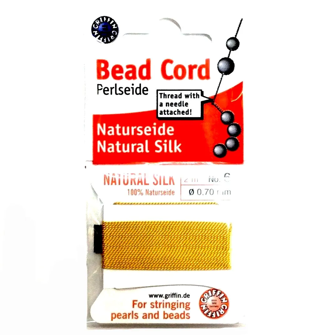 Cord, Griffin, 0.6/0.7mm Natural Silk, 2 Meters, Amber | 德國Griffin珍珠線, 0.6/0.7mm, 2米, 附針, 金黃色