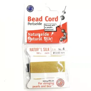 Cord, Griffin, 0.6/0.7mm Natural Silk, 2 Meters, Amber | 德國Griffin珍珠線, 0.6/0.7mm, 2米, 附針, 金黃色