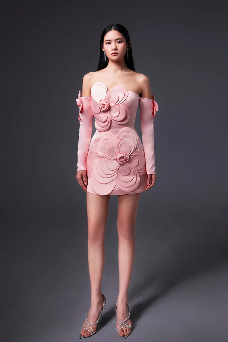 CULT MIA X HAPPY CLOTHING AMORA A-LINE SLEEVED VELVET MINI DRESS IN PINK