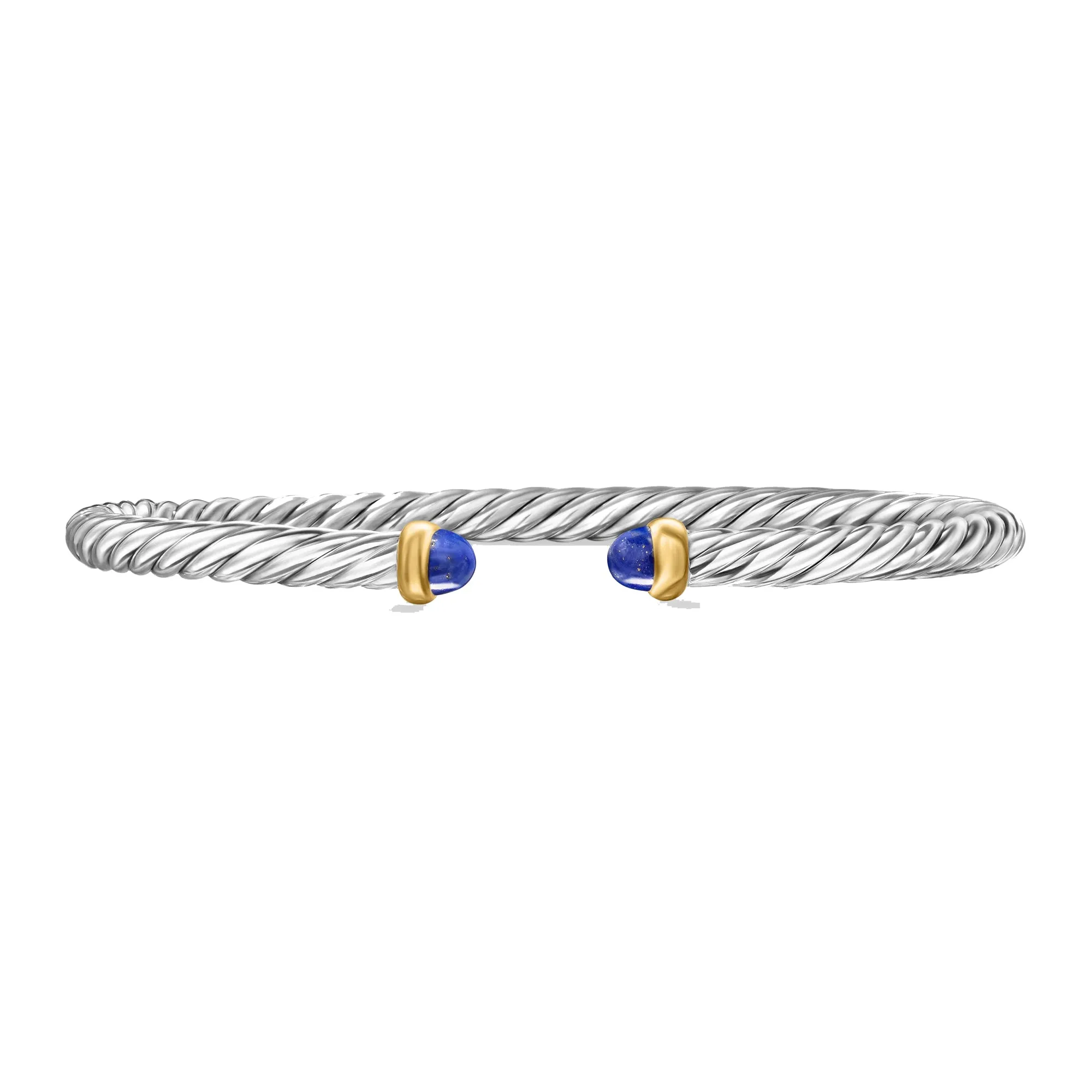 David Yurman Cable Flex Sterling Silver with 14K Yellow Gold and Lapis 4mm Cuff Bracelet - Small