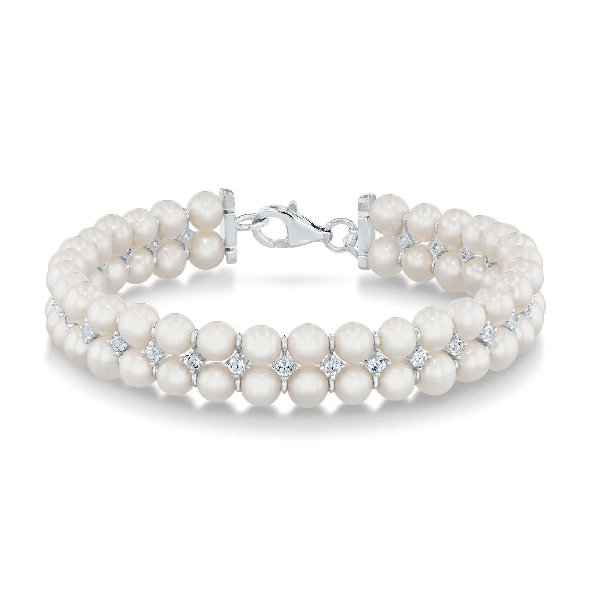 Downton Abbey | Lady Edith - Freshwater Cultured Pearl and White Topaz Sterling Silver Double Strand Bracelet