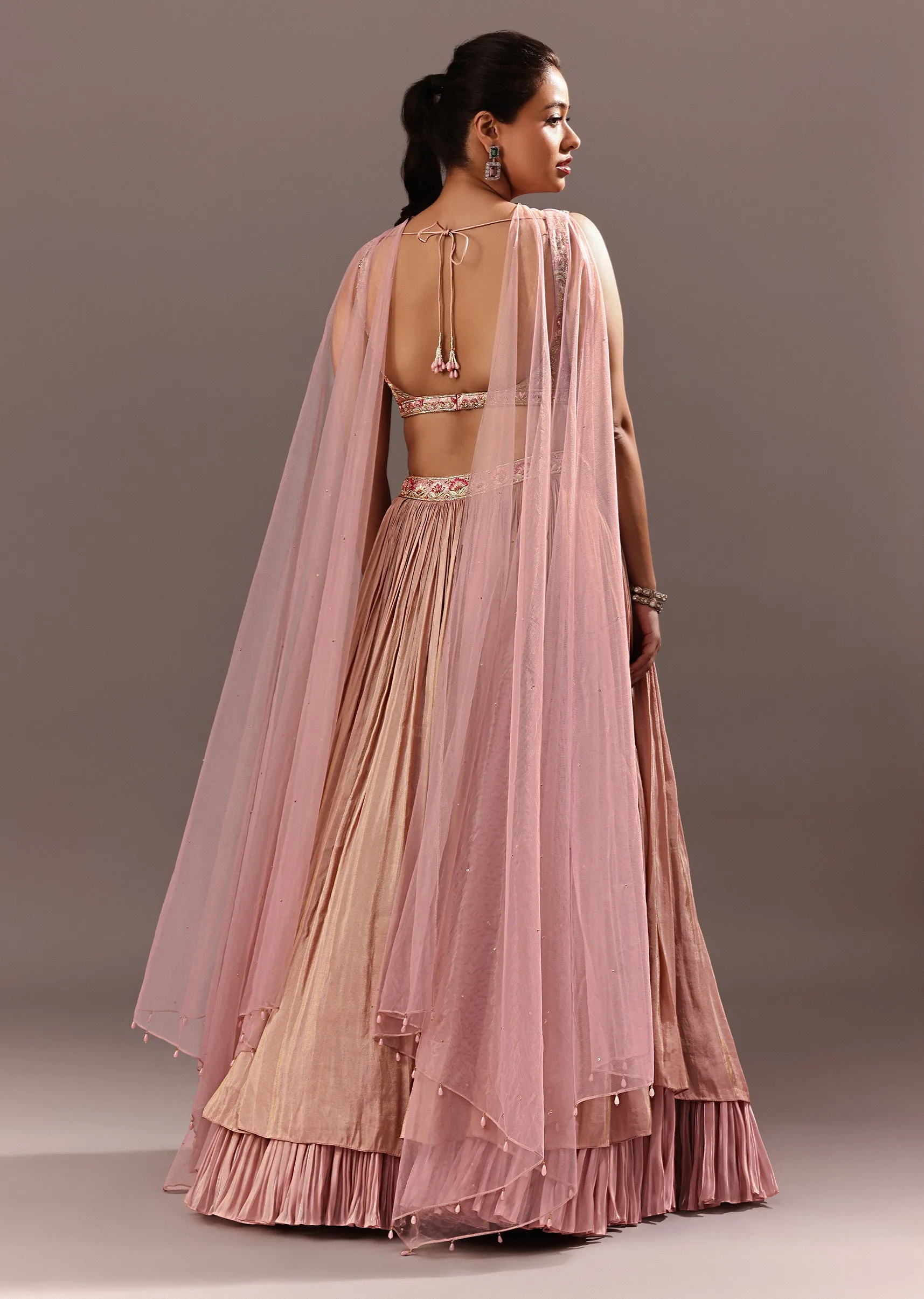 Dusty Pink Ruching Lehenga With Embroidered Blouse And Choker Dupatta