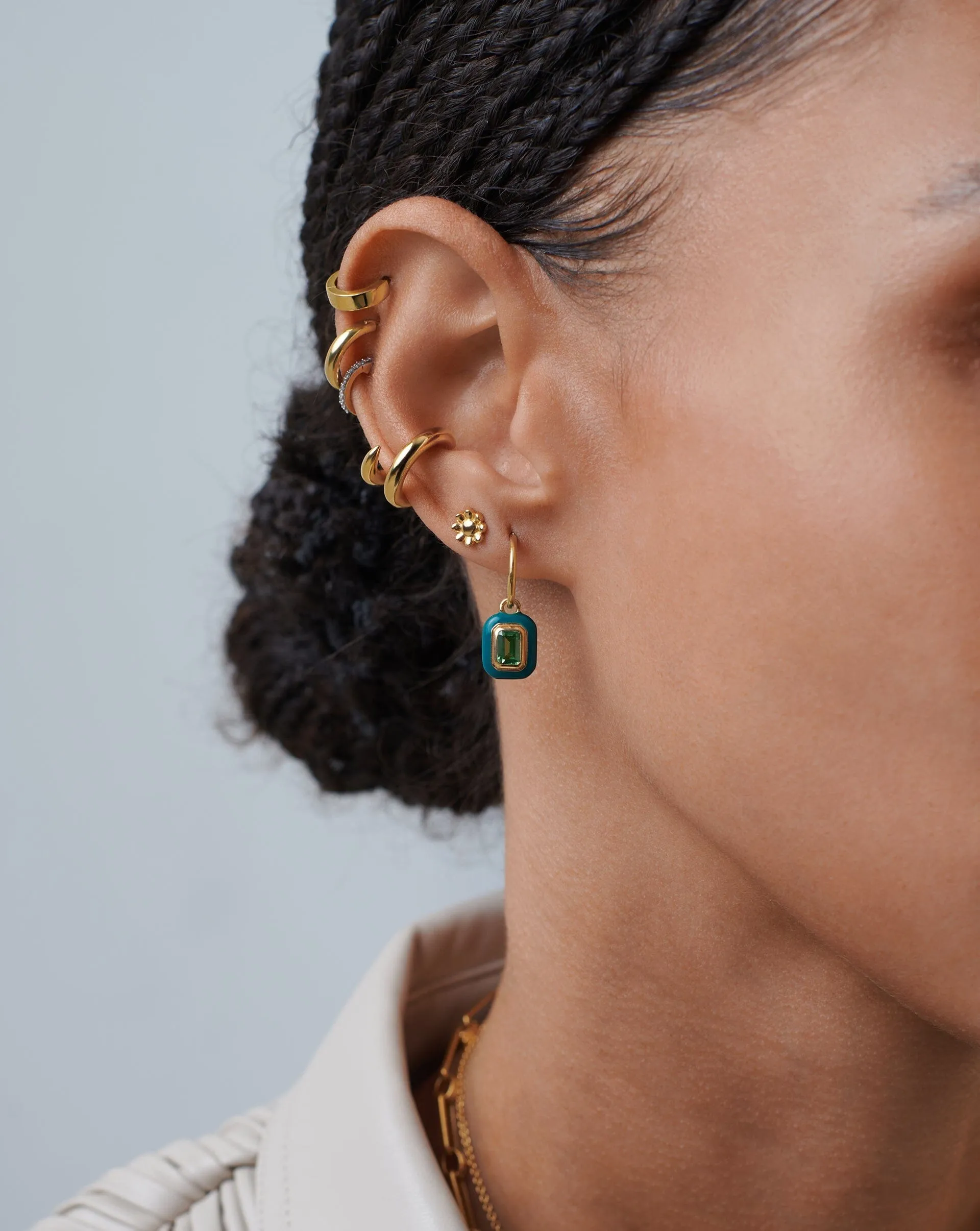 Enamel & Stone Charm Mini Hoop Earrings | 18ct Gold Vermeil/Green Cubic Zirconia