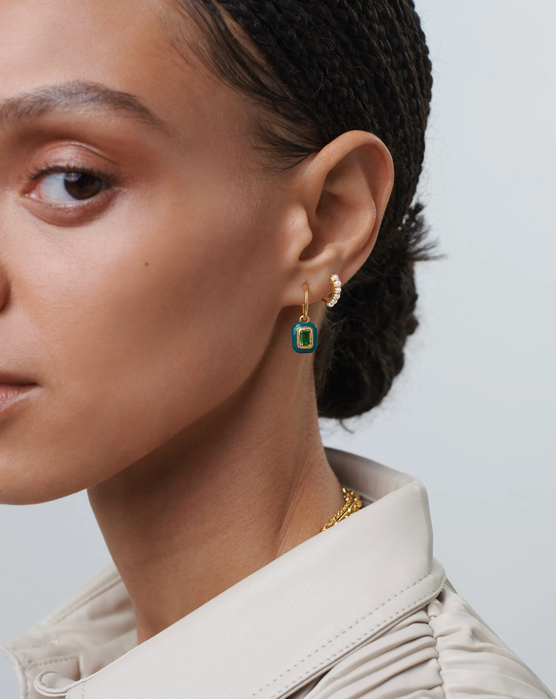 Enamel & Stone Charm Mini Hoop Earrings | 18ct Gold Vermeil/Green Cubic Zirconia
