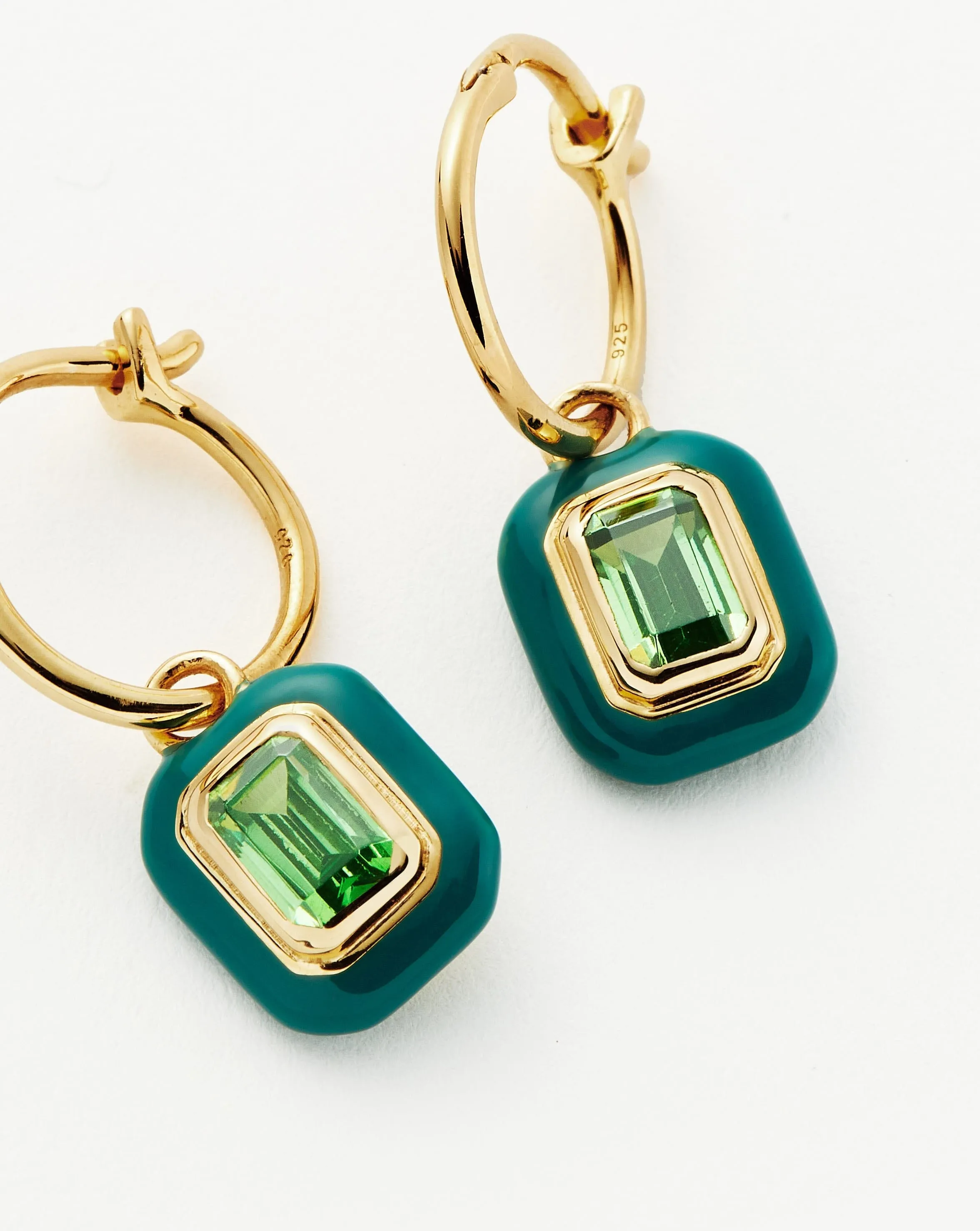 Enamel & Stone Charm Mini Hoop Earrings | 18ct Gold Vermeil/Green Cubic Zirconia