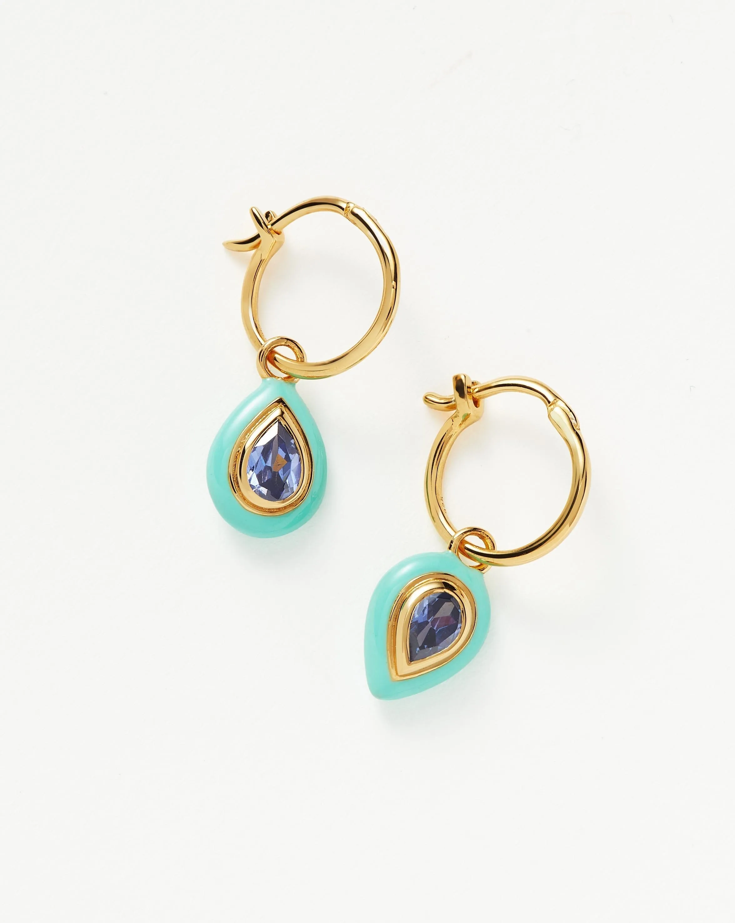 Enamel & Stone Droplet Charm Mini Hoop Earrings | 18k Gold Vermeil/Blue Cubic Zirconia