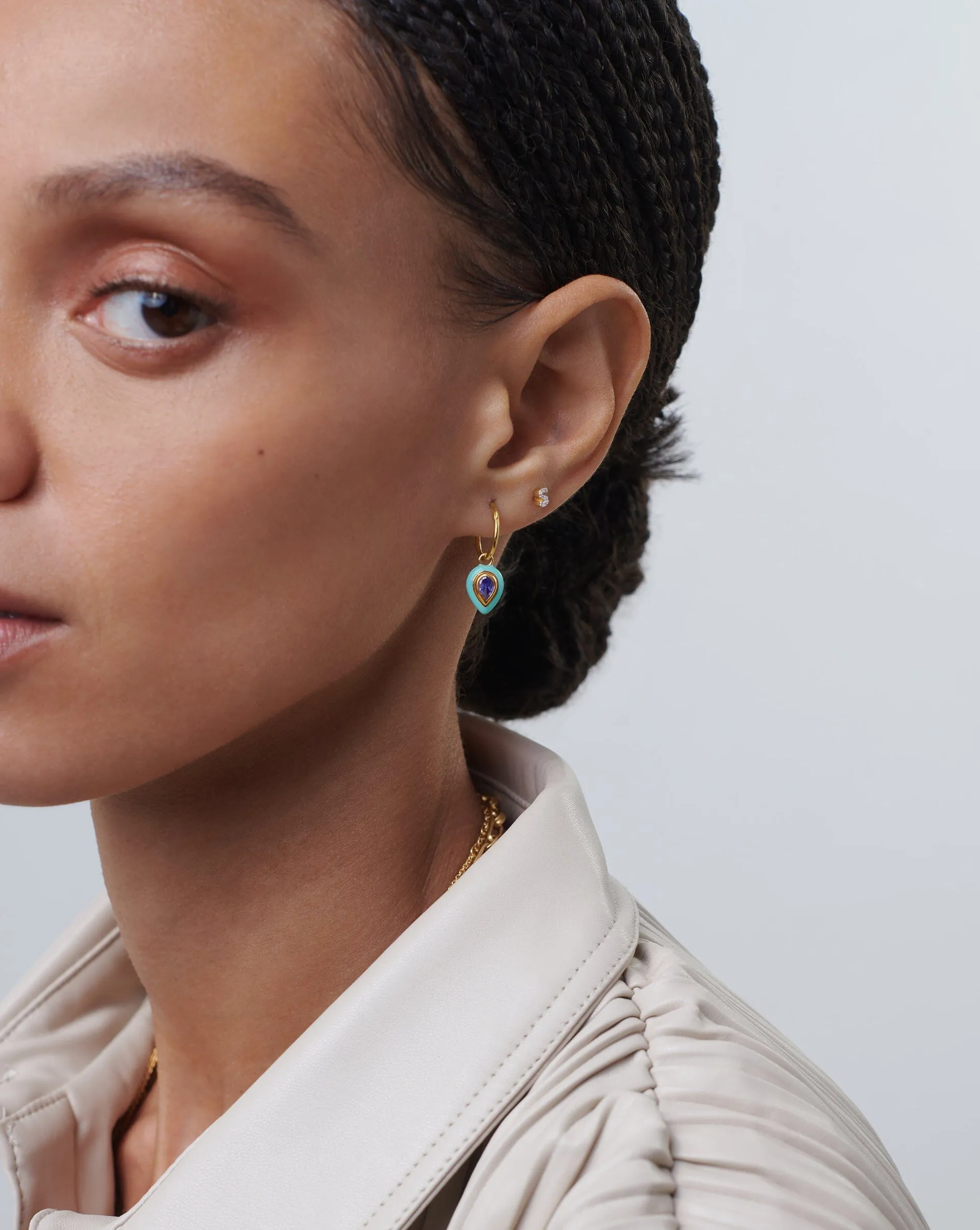 Enamel & Stone Droplet Charm Mini Hoop Earrings | 18k Gold Vermeil/Blue Cubic Zirconia