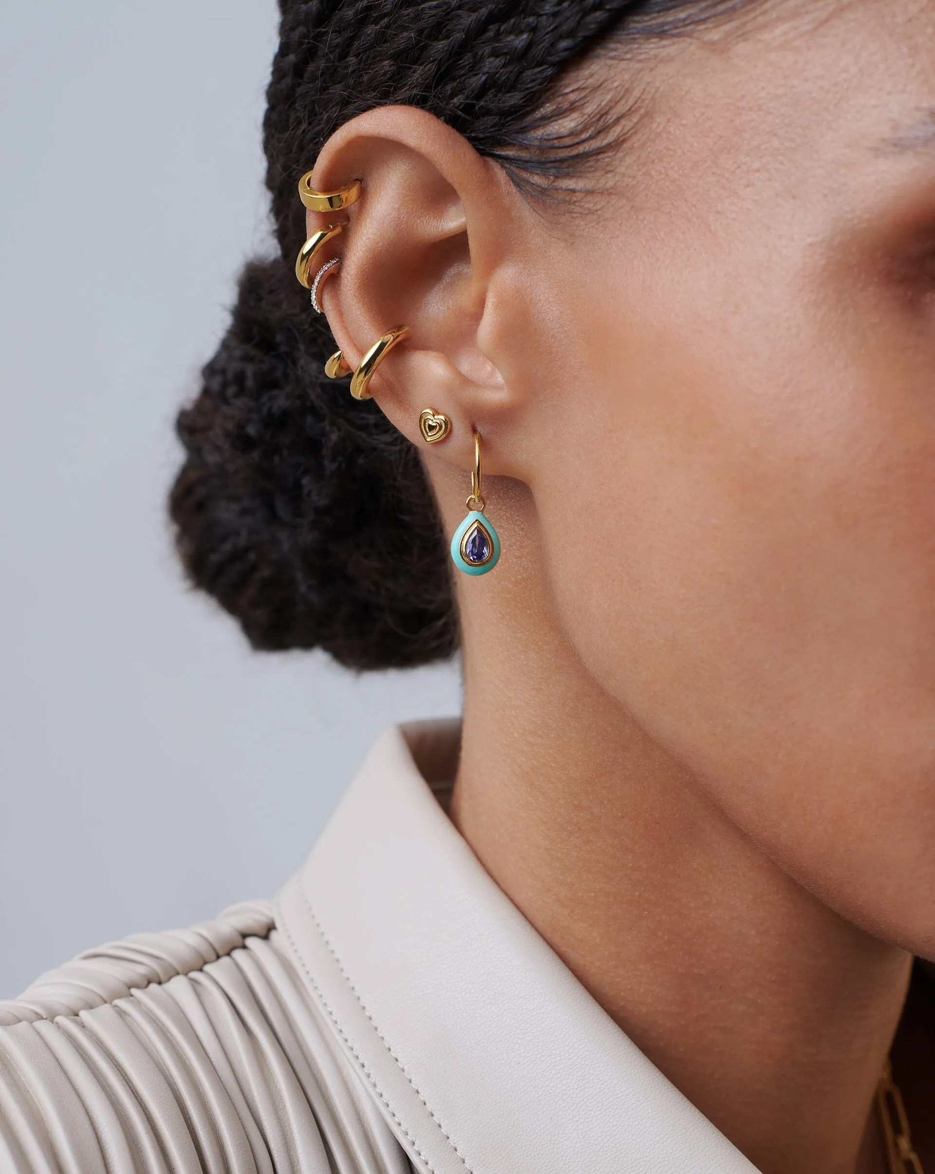Enamel & Stone Droplet Charm Mini Hoop Earrings | 18k Gold Vermeil/Blue Cubic Zirconia
