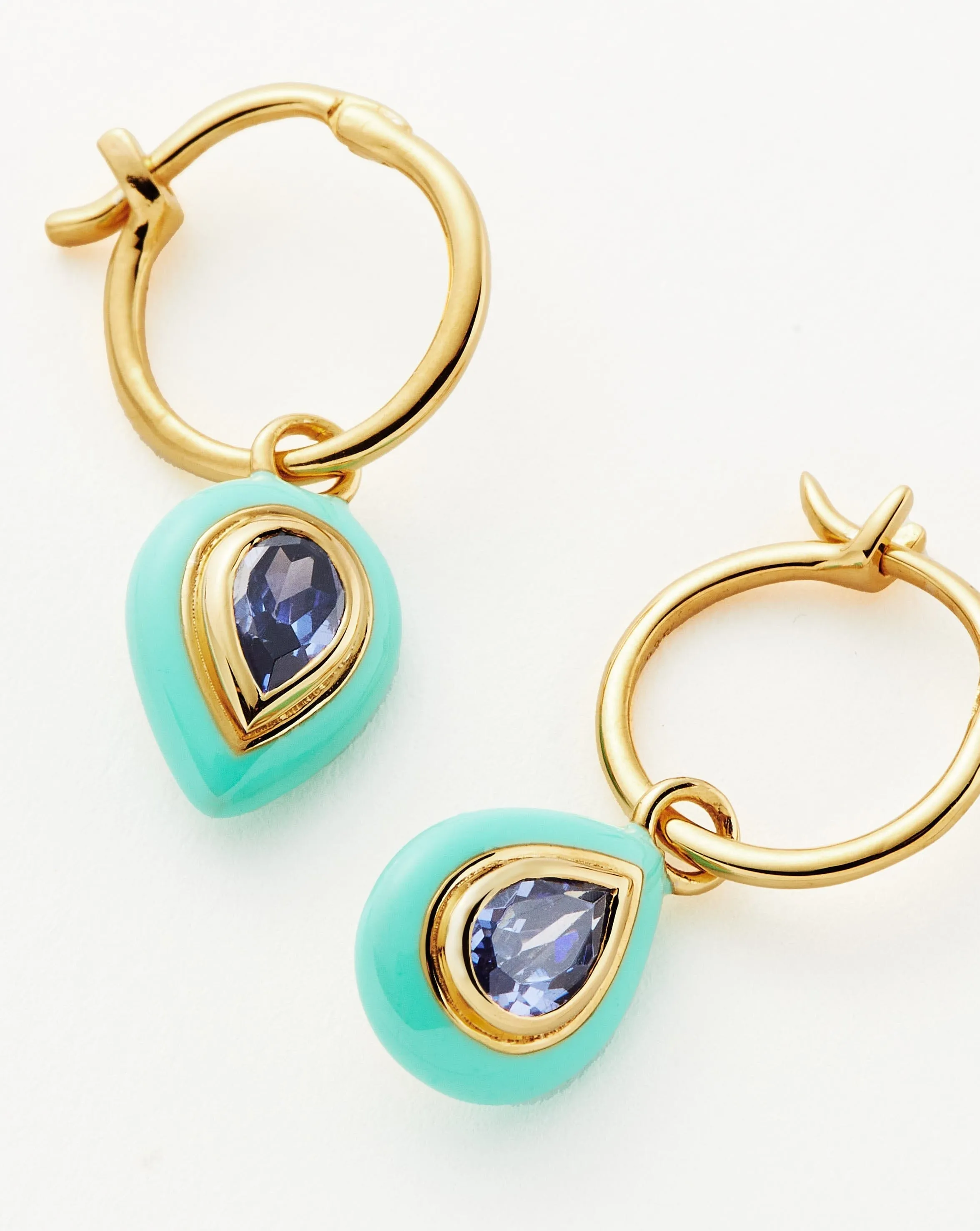 Enamel & Stone Droplet Charm Mini Hoop Earrings | 18k Gold Vermeil/Blue Cubic Zirconia