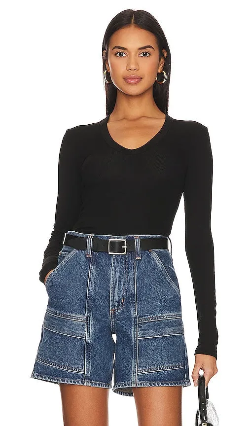 Enza Costa Rib Bold Long Sleeve U Top in Black