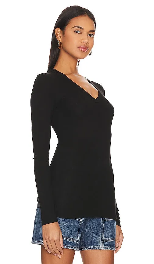 Enza Costa Rib Bold Long Sleeve U Top in Black