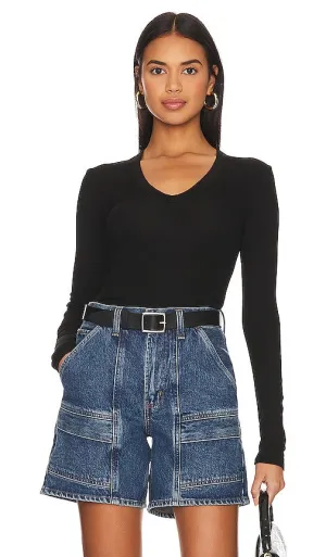Enza Costa Rib Bold Long Sleeve U Top in Black