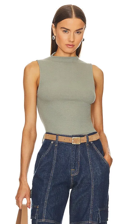 Enza Costa Silk Knit Rib Sleeveless Mockneck in Green