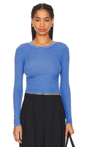 Enza Costa Silk Rib Cropped Long Sleeve Crew in Blue