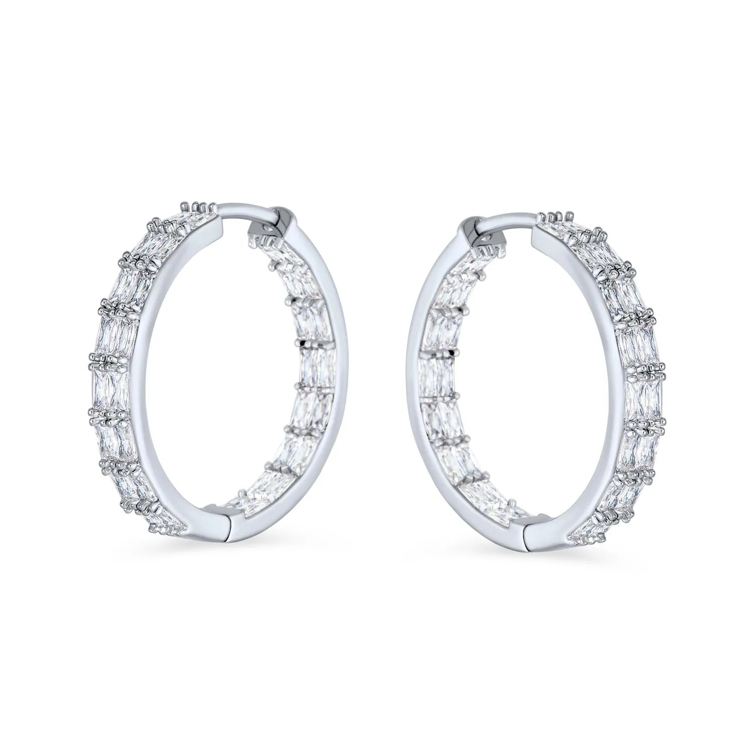 Eternity Emerald Cut AAA CZ Hoop Earrings Gold Silver Plated 1" Dia