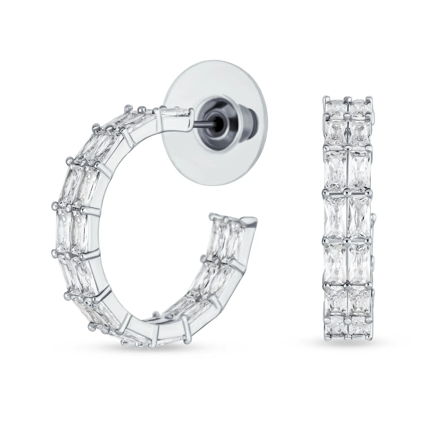 Eternity Emerald Cut AAA CZ Hoop Earrings Gold Silver Plated 1" Dia