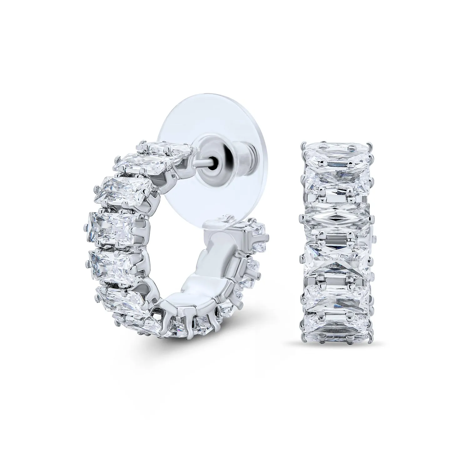 Eternity Emerald Cut AAA CZ Hoop Earrings Gold Silver Plated 1" Dia